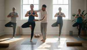 Grupo a praticar yoga num estúdio cheio de luz natural