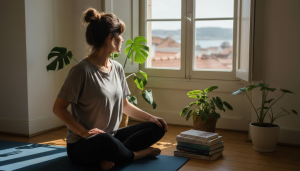Mulher a fazer yoga no seu apartamento em Lisboa