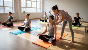 Um grupo de adultos a praticar yoga numa sala cheia de luz natural.