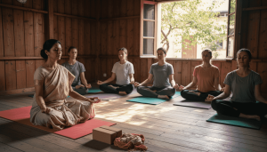 Instrutora a conduzir uma aula de yoga tradicional