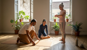 Instrutores de yoga a organizar a próxima aula no estúdio