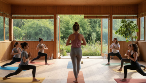 Professora orienta uma aula de yoga num estúdio cheio de luz natural.