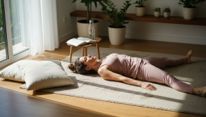 Mulher faz uma sessão de ioga relaxante no conforto de casa