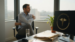 Profissional a fazer alongamentos de yoga na secretária