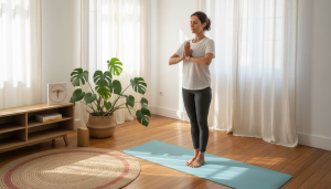 Mulher a praticar yoga na sala de estar de casa