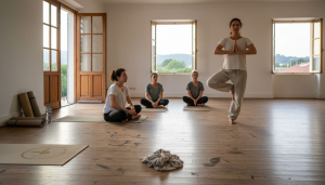 Instrutor de yoga a exemplificar posturas numa sala de aula