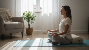 Uma mulher dedica-se à prática de yoga e meditação na tranquilidade do seu lar, rodeada por um ambiente acolhedor.