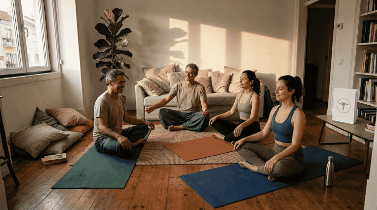 Sessão de yogaterapia em grupo numa sala