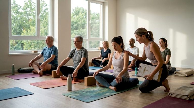 Um grupo a praticar yoga terapêutico numa sala cheia de luz natural.
