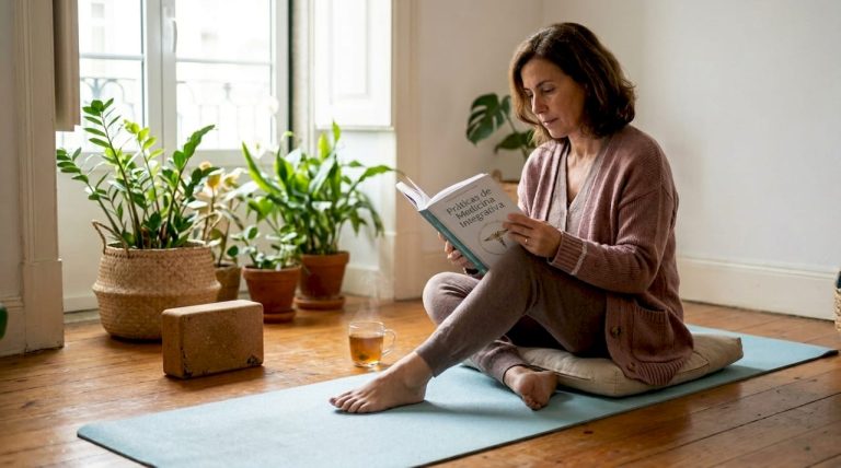Uma mulher pratica yoga integrativa na sala de estar de sua casa.