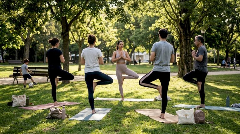 Um grupo a praticar yoga no parque, debaixo das árvores.
