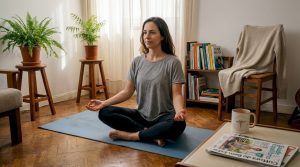 Mulher a fazer yoga na sala de estar de casa
