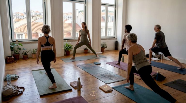 Um grupo a praticar yoga num estúdio em Lisboa.