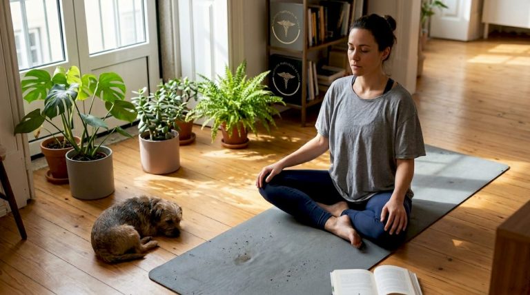 Mulher a fazer yoga em casa, aproveitando a luz natural que entra pela janela.