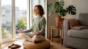 Senhora sentada tranquilamente a meditar na sala de estar