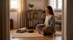 Uma mulher aproveita um momento de tranquilidade na sala, enquanto escuta um áudio.