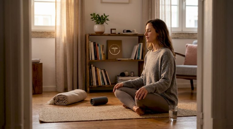 Uma mulher aproveita um momento de tranquilidade na sala, enquanto escuta um áudio.