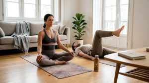 Casal a fazer yoga e pilates juntos na sala de estar