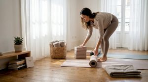 Instrutora de yoga a preparar os tapetes na sala antes da aula