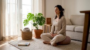 Mulher sentada a meditar numa sala cheia de luz natural