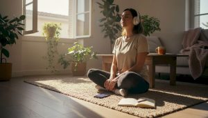Mulher a meditar com auscultadores, sentada numa sala iluminada e acolhedora.