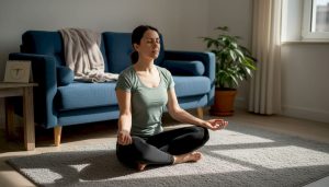 Uma mulher sentada a meditar numa sala de estar cheia de luz natural.