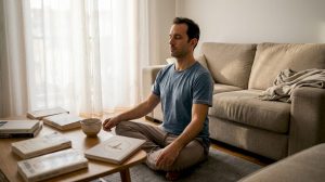 Homem sentado a meditar numa sala de estar tranquila, banhada pela luz do sol.