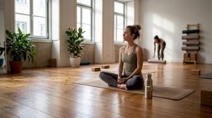 Mulher a preparar-se num estúdio de ioga tranquilo