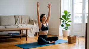 Mulher a fazer hatha yoga no conforto de casa