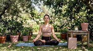 Mulher a praticar yoga em casa, enquanto entoa cânticos de meditação.