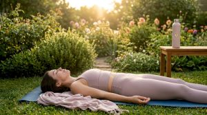 Senhora desfruta de um momento de relaxamento com Yoga Nidra na sua sala de estar.