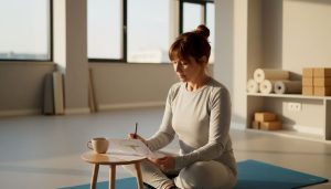 Uma mulher adulta analisa os benefícios do yoga que tem praticado em casa.