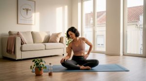Mulher a fazer uma sessão de yogaterapia sozinha, no conforto de casa