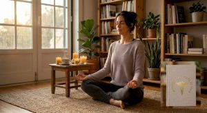 Mulher a dedicar-se à prática de mindfulness na sala de estar do seu apartamento em Lisboa.