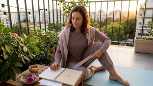 Uma mulher a estender o tapete de yoga na sala