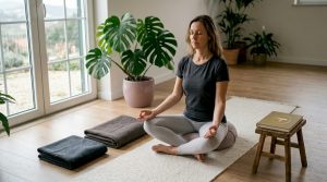 Mulher a fazer exercícios de respiração consciente sobre um tapete de yoga