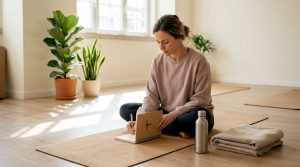 Mulher a organizar a lista do que precisa para a sua sessão de yoga, na sala de estar.
